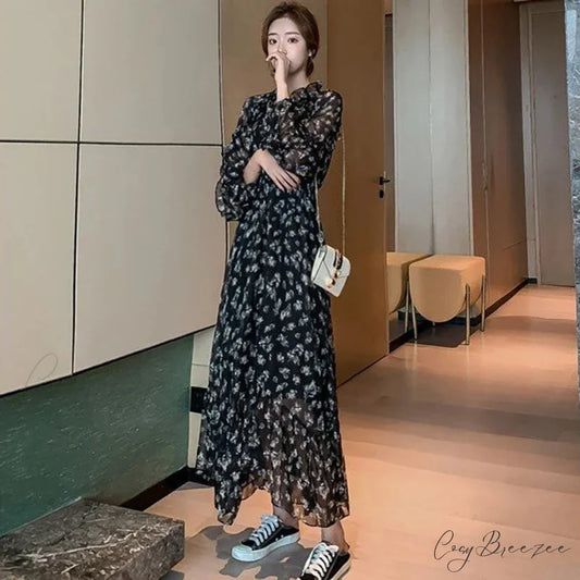 Summer Thin Floral Chiffon Lace Vintage Black Boho Dress
