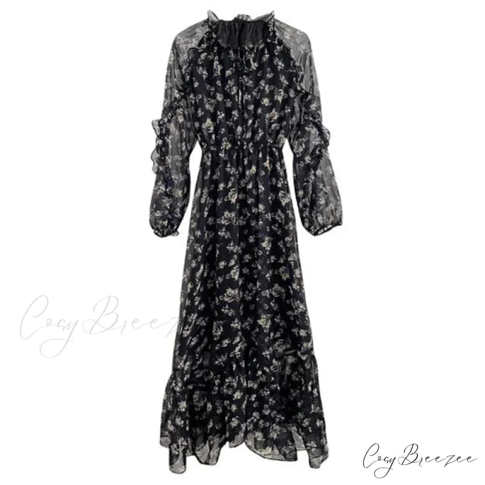Summer Thin Floral Chiffon Lace Vintage Black Boho Dress Black / S