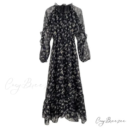 Summer Thin Floral Chiffon Lace Vintage Black Boho Dress Black / S