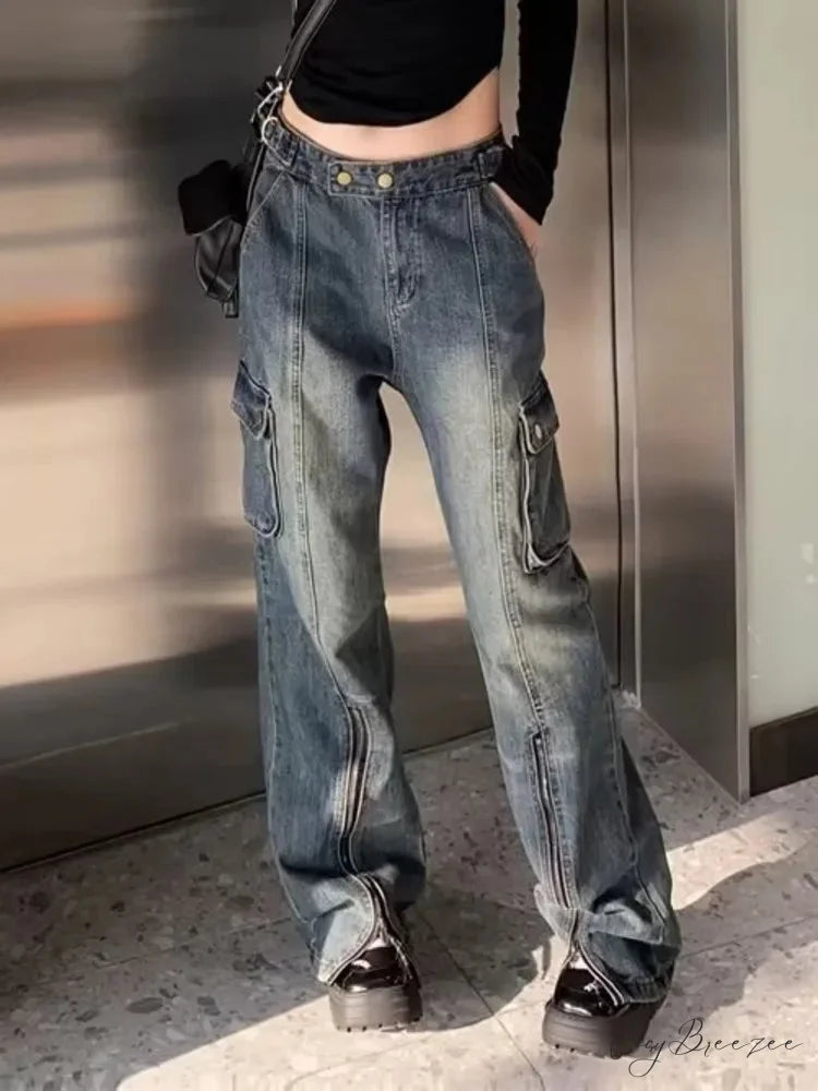 Summer Thin Style New High Waisted Skinny Horseshoe Small Flared Straight Leg Jean Blue / S
