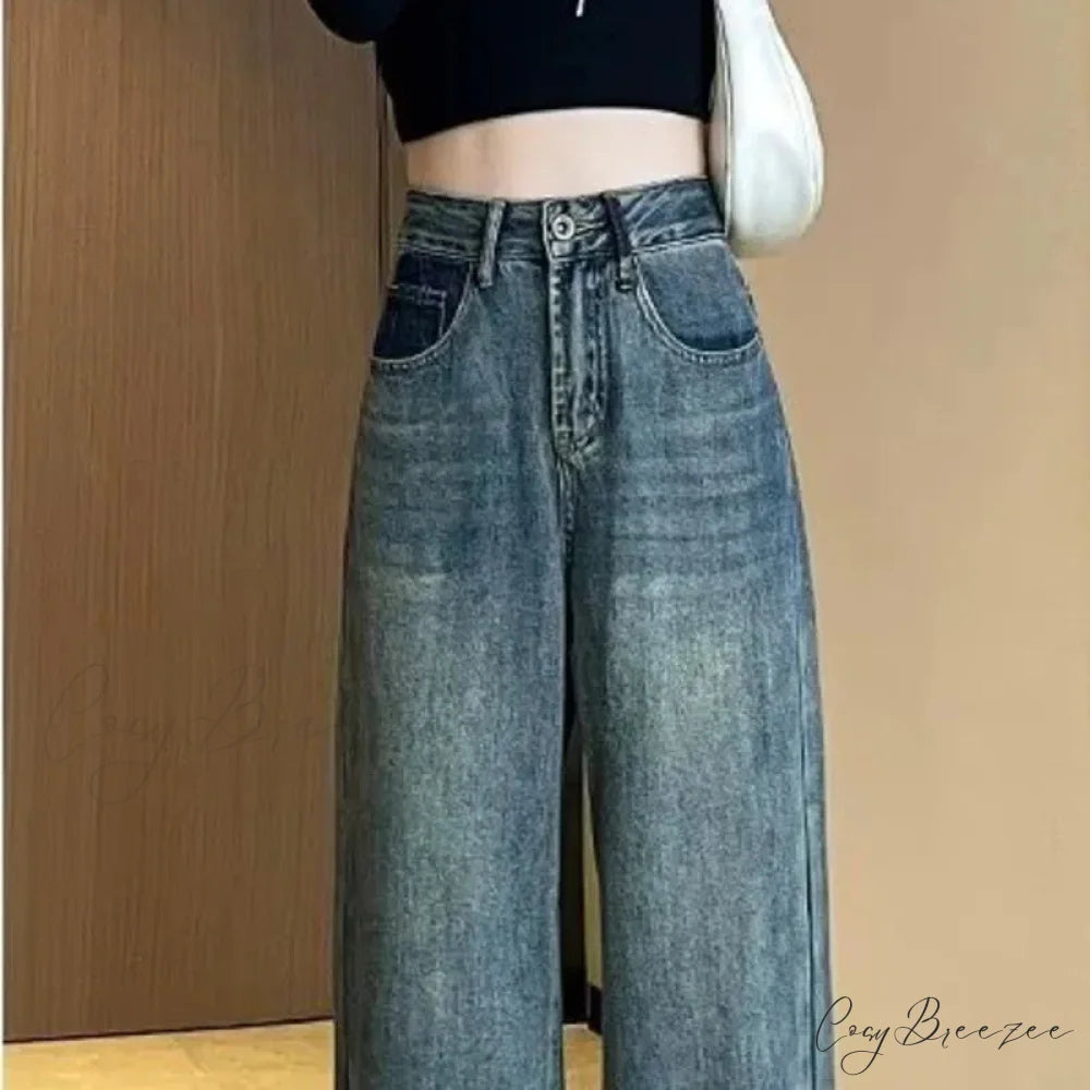 Summer Thin Vintage Blue High Waist Slim Pear Shaped Contrast Straight Leg Wide Leg Jean