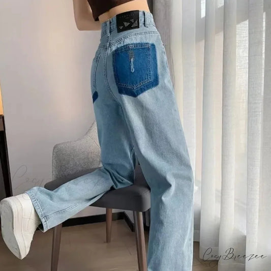 Summer Thin Vintage Blue High Waist Slim Pear Shaped Contrast Straight Leg Wide Leg Jean Light Blue / XS