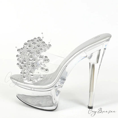 Summer Transparent Silver Pearl Designer High Heel Platform Sandals for Women 13CM Silver / 34