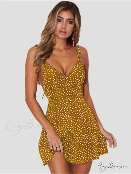 Summer V Neck A Line High Waist Dot Print Back Lace Straps Dress S / Black