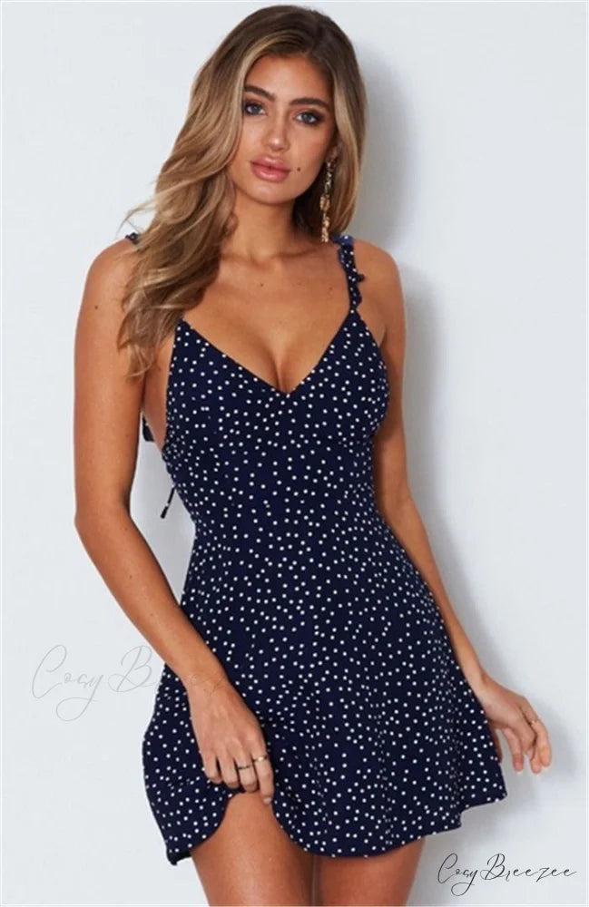 Summer V Neck A Line High Waist Dot Print Back Lace Straps Dress S / Blue