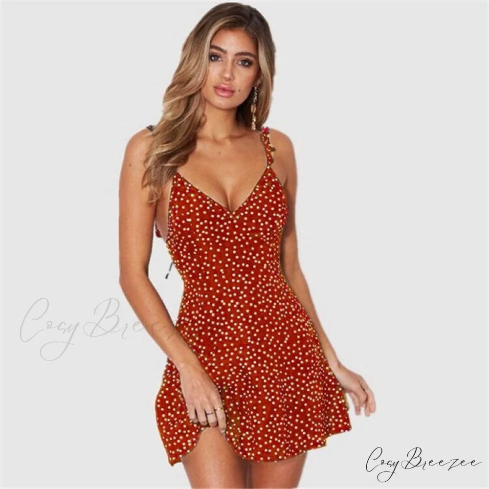 Summer V Neck A Line High Waist Dot Print Back Lace Straps Dress S / Red
