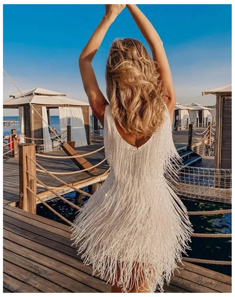 Summer V-Neck Sequins Tassel Feather Mini Dress M / WHITE
