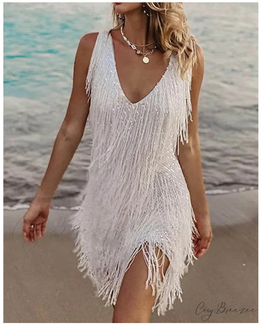 Summer V-Neck Sequins Tassel Feather Mini Dress S / WHITE