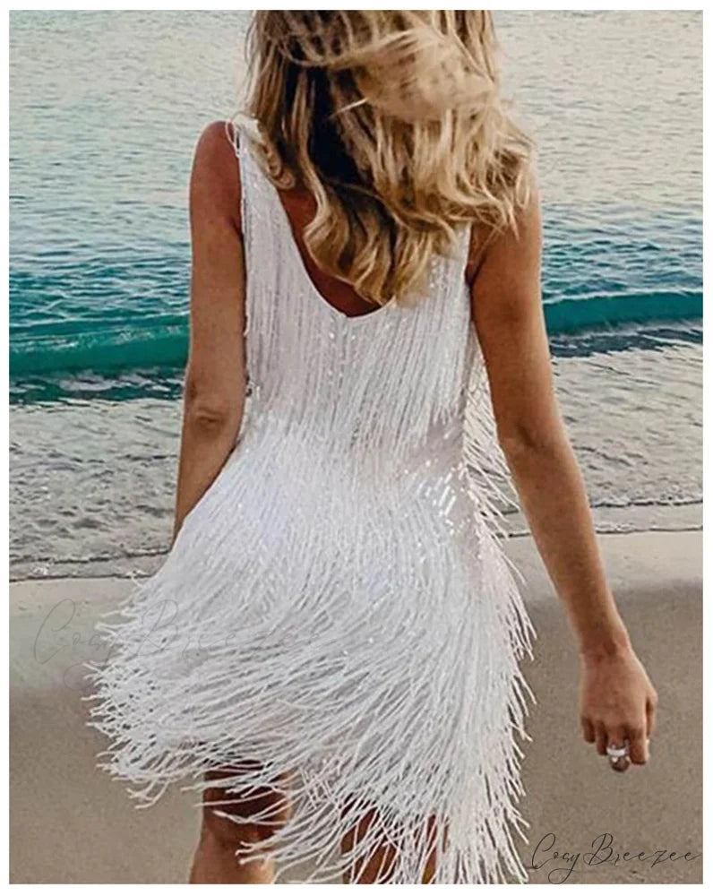 Summer V-Neck Sequins Tassel Feather Mini Dress S / YELLOW
