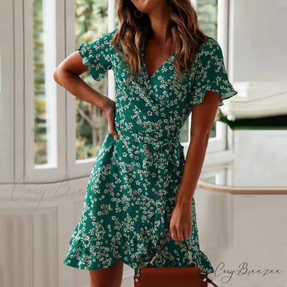 Summer V-Neck Short Wrap Dress for Women Green / S