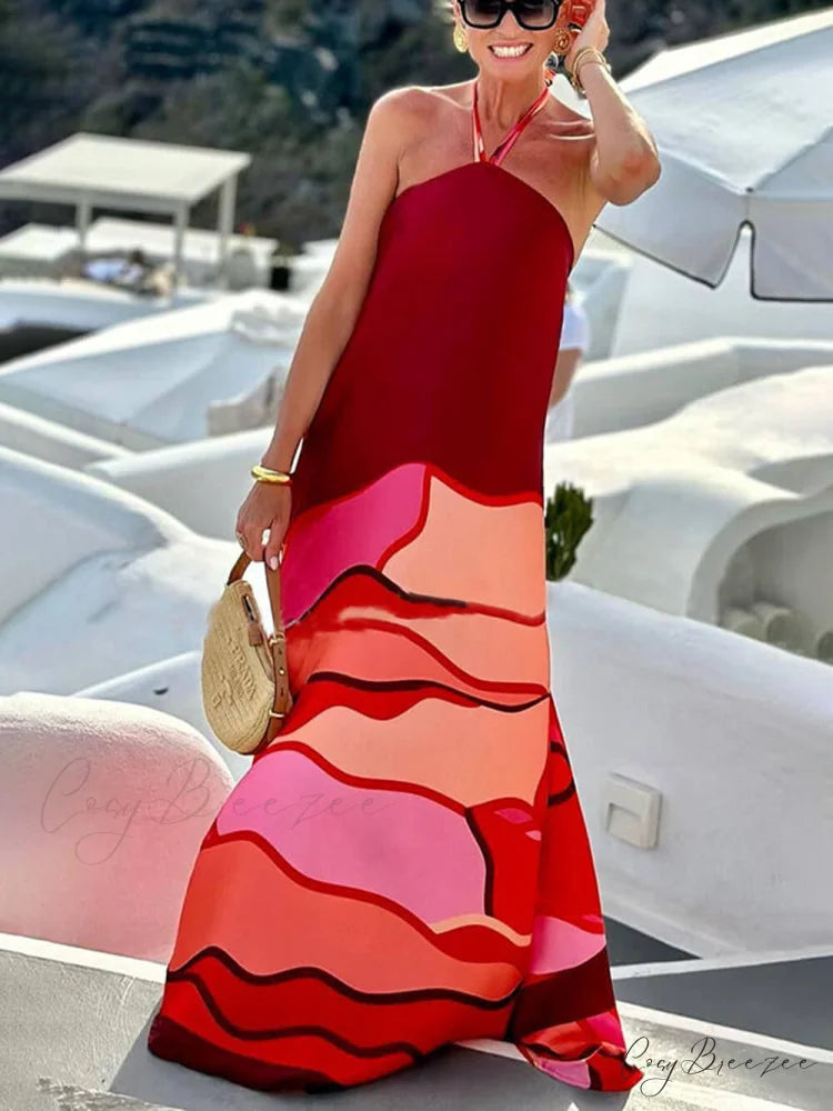 Summer Vacation Style Halter Neck Trendy Printed Backless A-Line Maxi Dress