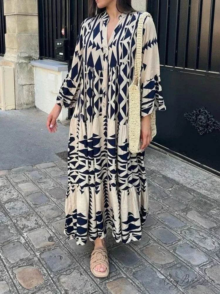 Summer Vintage Elegant Long Sleeve Boho Dress Blue / S