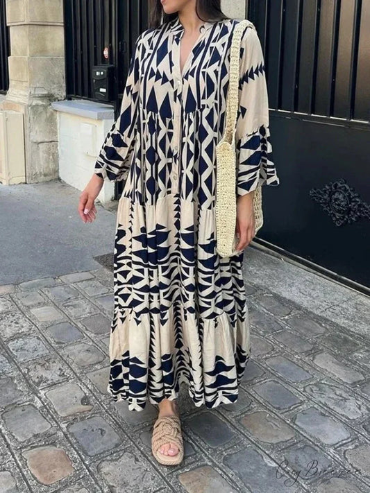 Summer Vintage Elegant Long Sleeve Boho Dress Blue / S