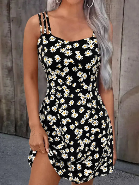 Summer Vintage Floral Daisy Print Sexy Boho Dress Black / S