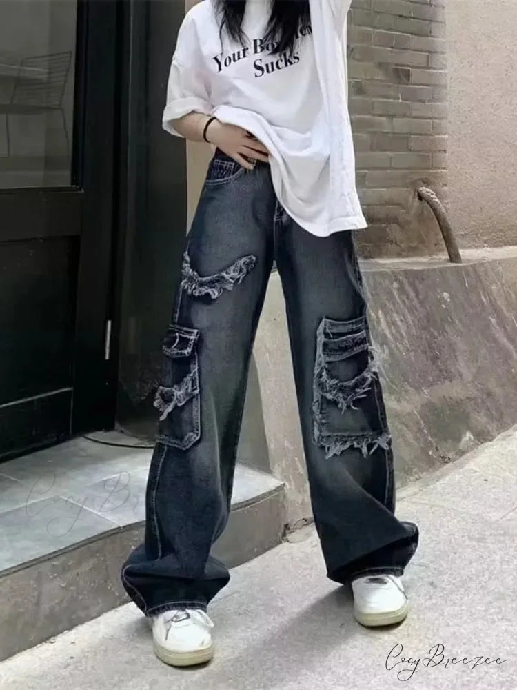 Summer Vintage Washed and Worn Out Versatile Straight Drop High Waist Wide Leg Women’s Jean