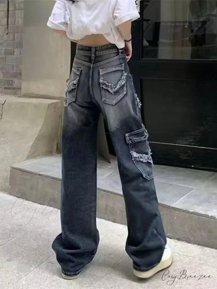 Summer Vintage Washed and Worn Out Versatile Straight Drop High Waist Wide Leg Women’s Jean