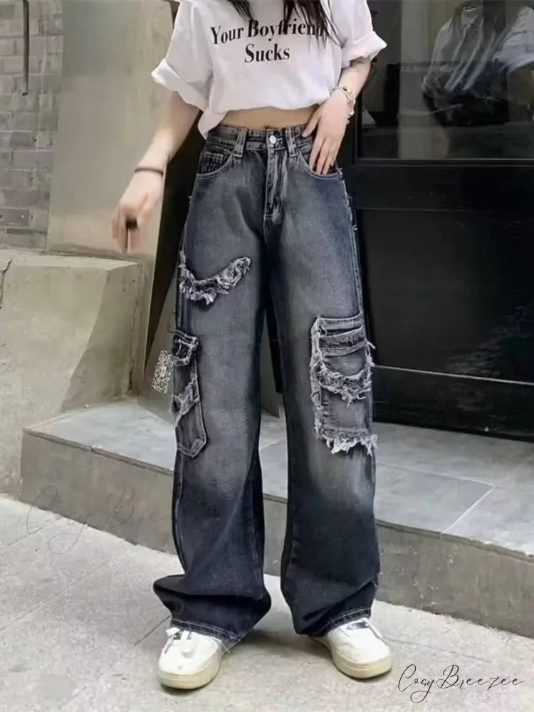 Summer Vintage Washed and Worn Out Versatile Straight Drop High Waist Wide Leg Women’s Jean