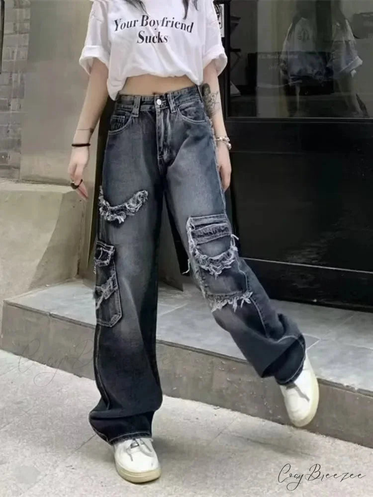 Summer Vintage Washed and Worn Out Versatile Straight Drop High Waist Wide Leg Women’s Jean