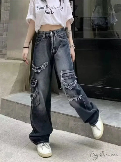 Summer Vintage Washed and Worn Out Versatile Straight Drop High Waist Wide Leg Women’s Jean