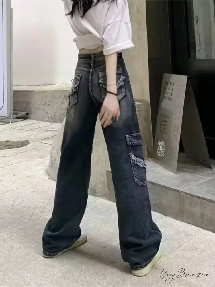 Summer Vintage Washed and Worn Out Versatile Straight Drop High Waist Wide Leg Women’s Jean