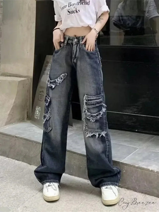 Summer Vintage Washed and Worn Out Versatile Straight Drop High Waist Wide Leg Women’s Jean Blue / S
