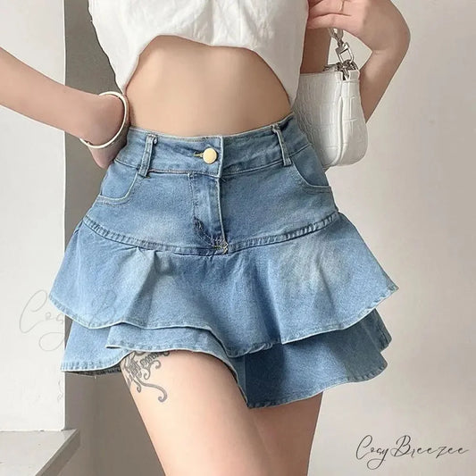 Summer Waist Slim Cute Sexy Mini Ruffle Skirt Blue / S
