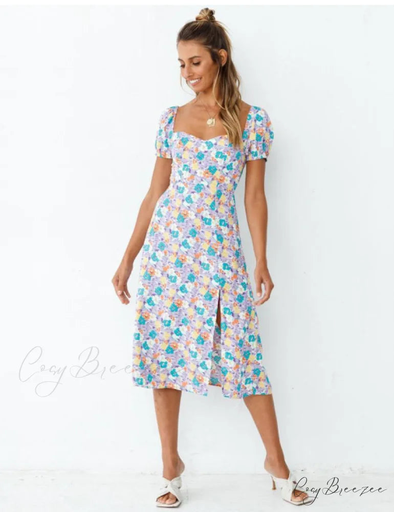 Summer Women Beach Sundress - Short Sleeve Square Neck Print Dress