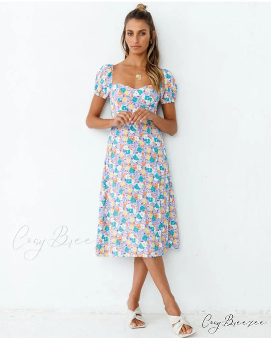 Summer Women Beach Sundress - Short Sleeve Square Neck Print Dress