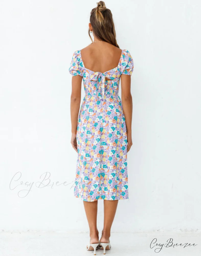 Summer Women Beach Sundress - Short Sleeve Square Neck Print Dress