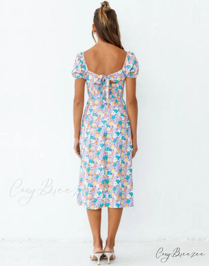Summer Women Beach Sundress - Short Sleeve Square Neck Print Dress