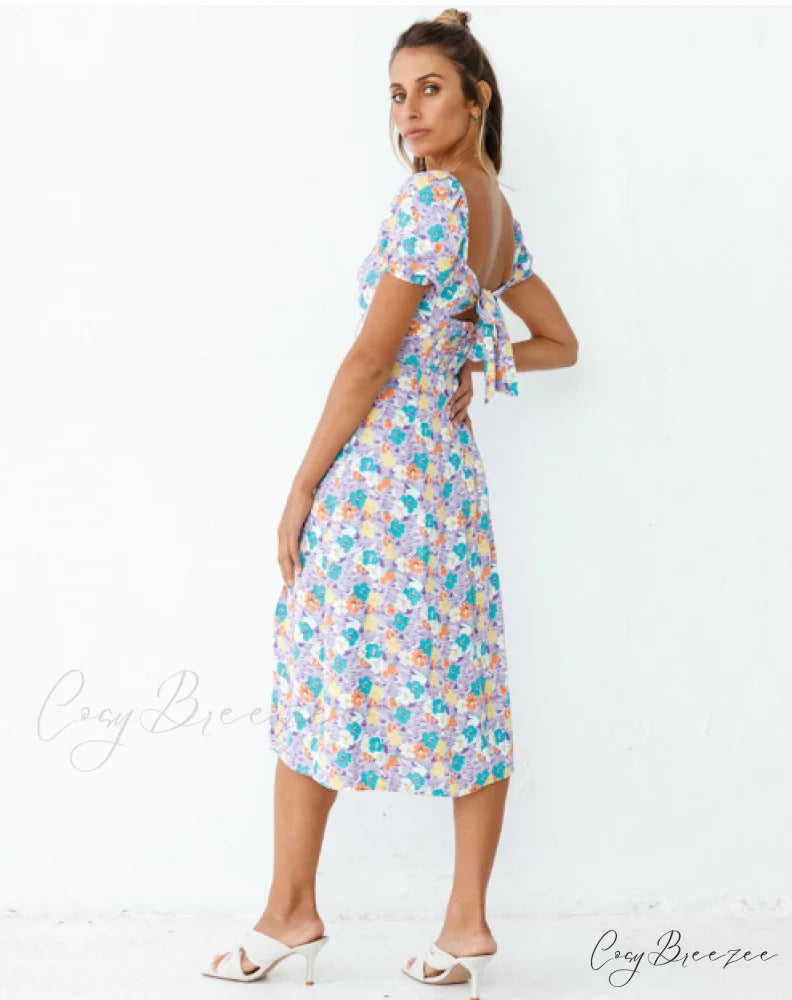 Summer Women Beach Sundress - Short Sleeve Square Neck Print Dress