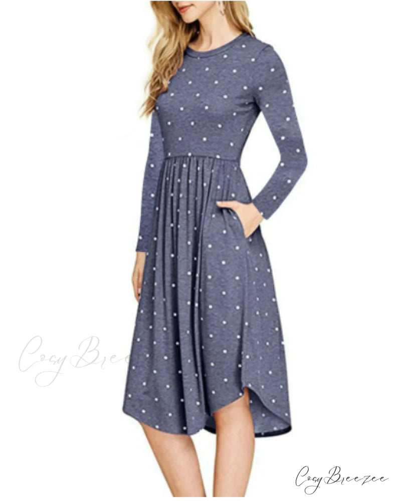 Summer Women’s Polka Dot Midi Dress with Pleated Pocket S / GRAY