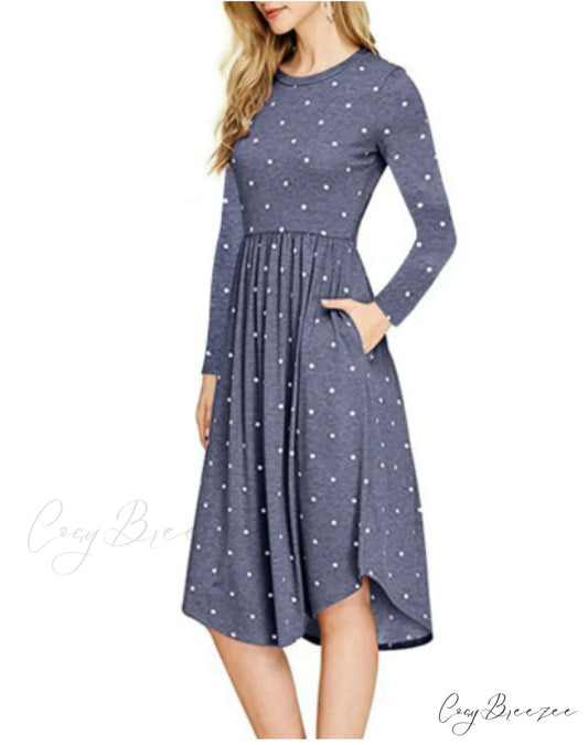 Summer Women’s Polka Dot Midi Dress with Pleated Pocket S / GRAY