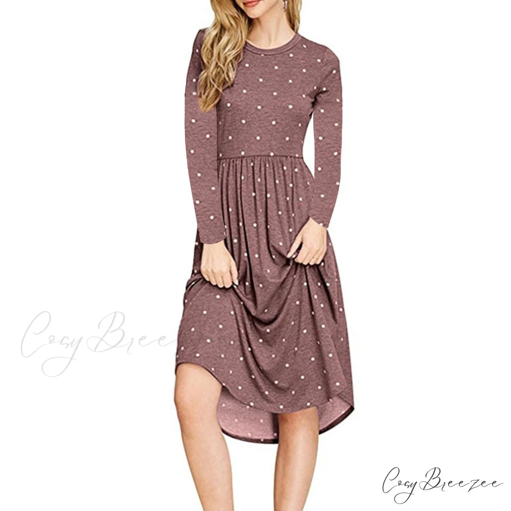 Summer Women’s Polka Dot Midi Dress with Pleated Pocket S / RED