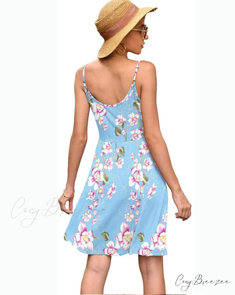 Summer Women’s Print V-Neck Strap Backless Satin Dress