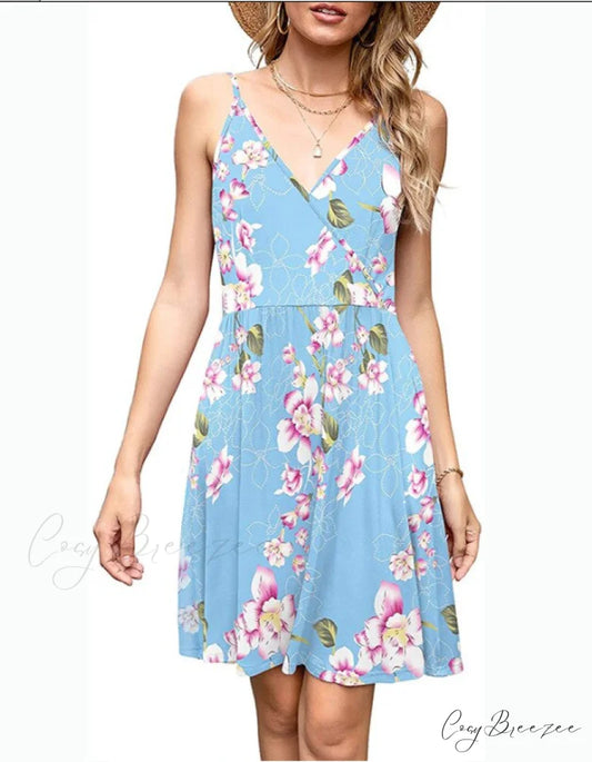 Summer Women’s Print V-Neck Strap Backless Satin Dress