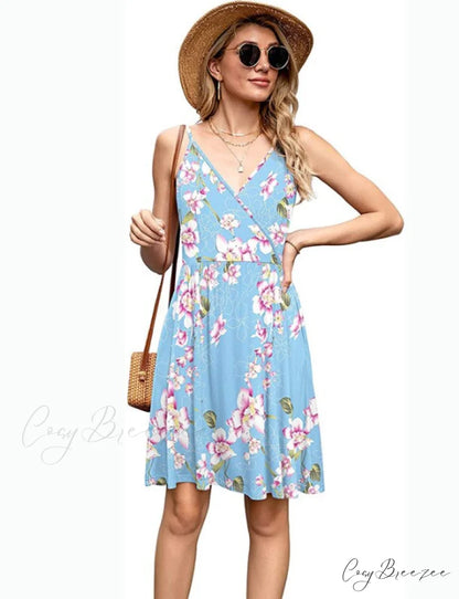 Summer Women’s Print V-Neck Strap Backless Satin Dress