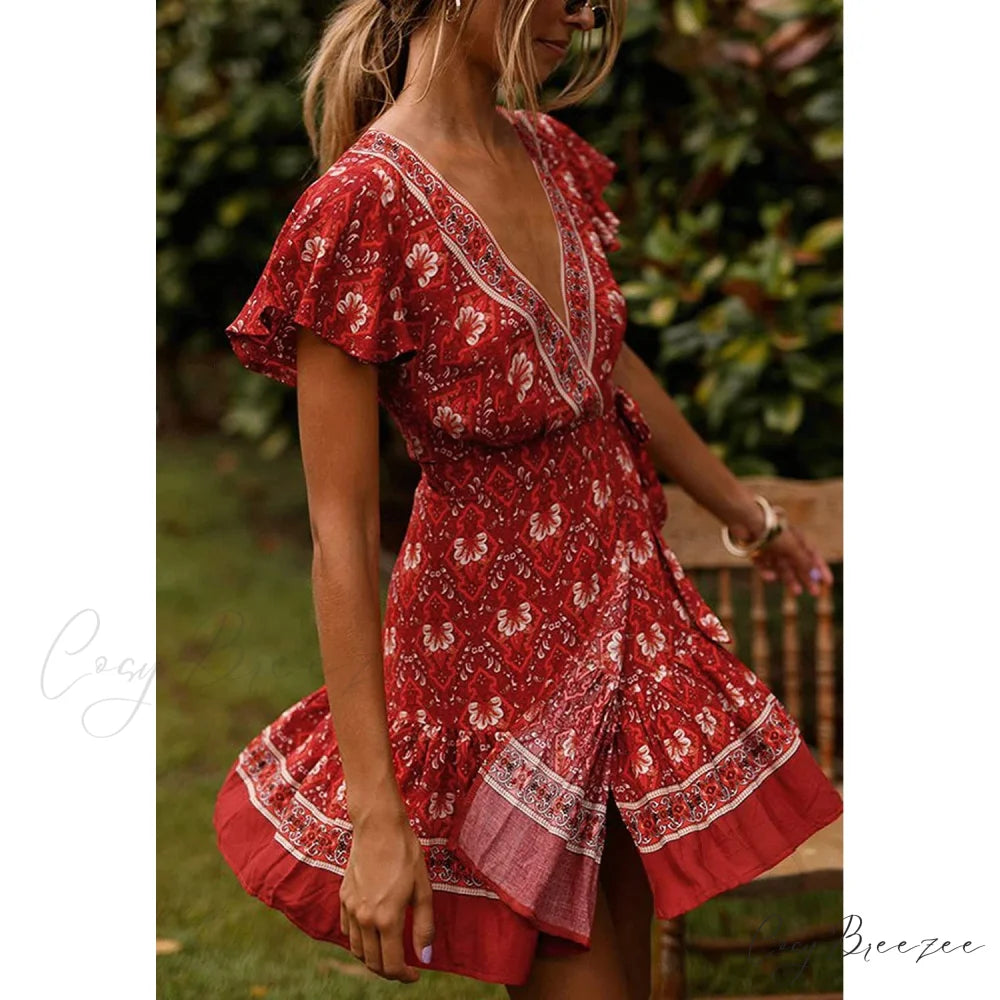 Summer Wrap V Neck Bohemian Floral Print Mini Dress for Women