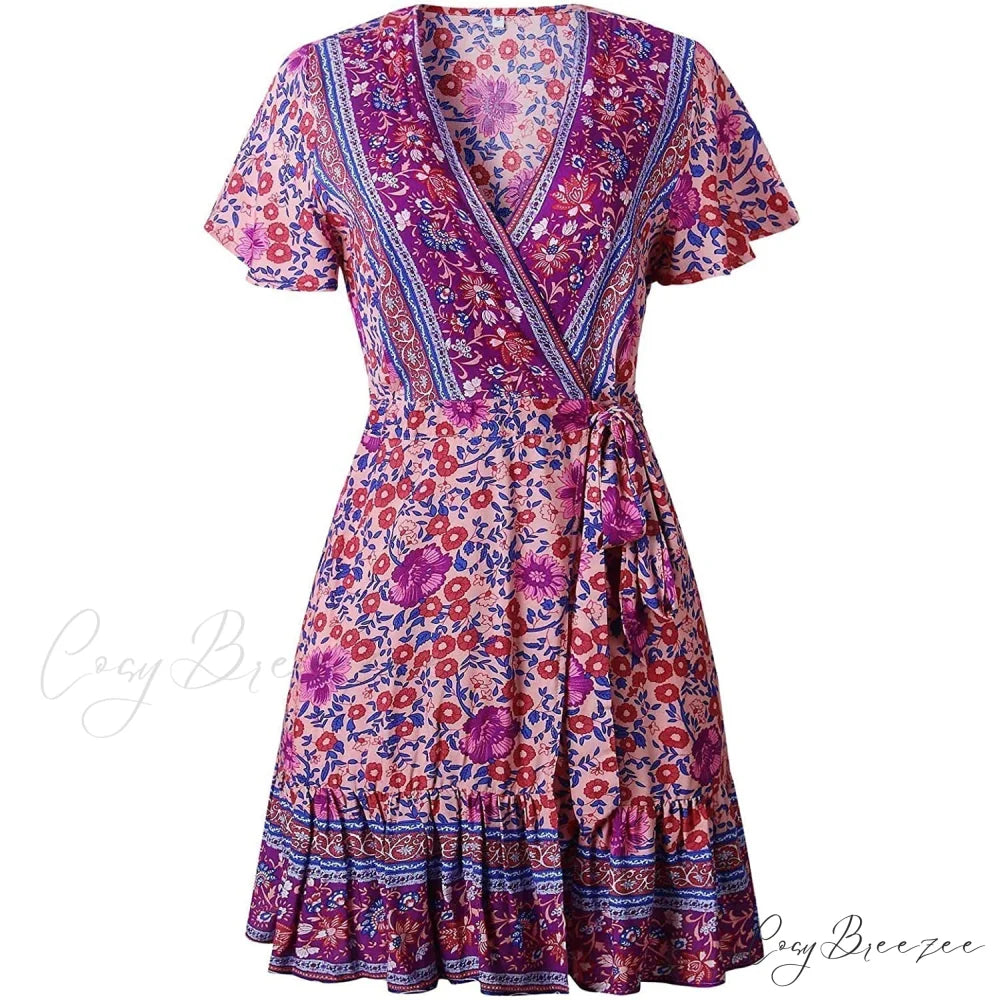 Summer Wrap V Neck Bohemian Floral Print Mini Dress for Women