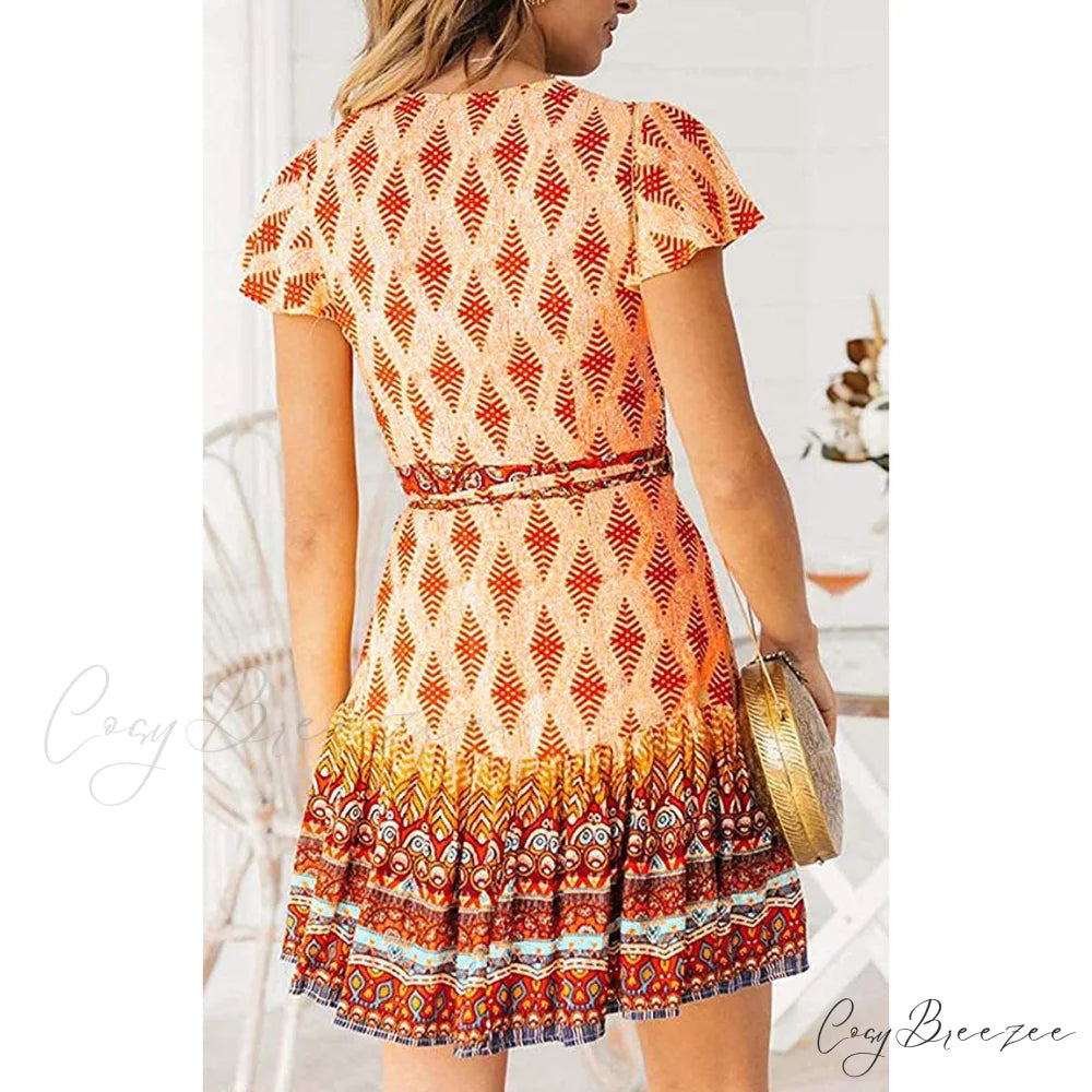 Summer Wrap V Neck Bohemian Floral Print Mini Dress for Women