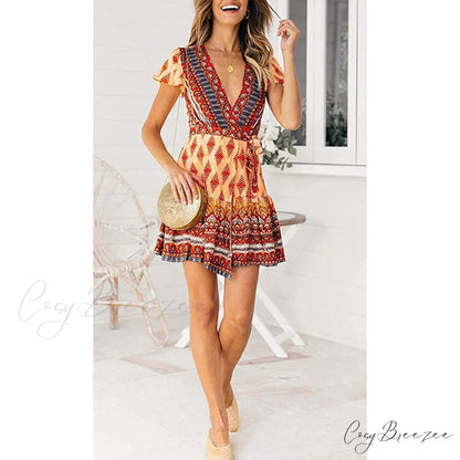 Summer Wrap V Neck Bohemian Floral Print Mini Dress for Women