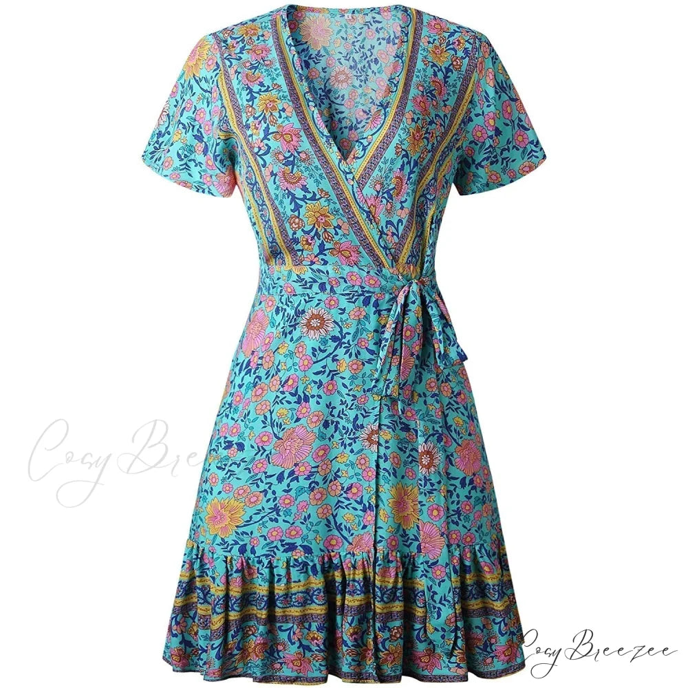 Summer Wrap V Neck Bohemian Floral Print Mini Dress for Women
