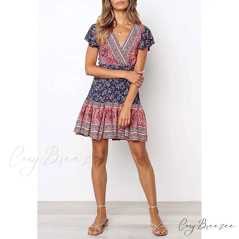 Summer Wrap V Neck Bohemian Floral Print Mini Dress for Women