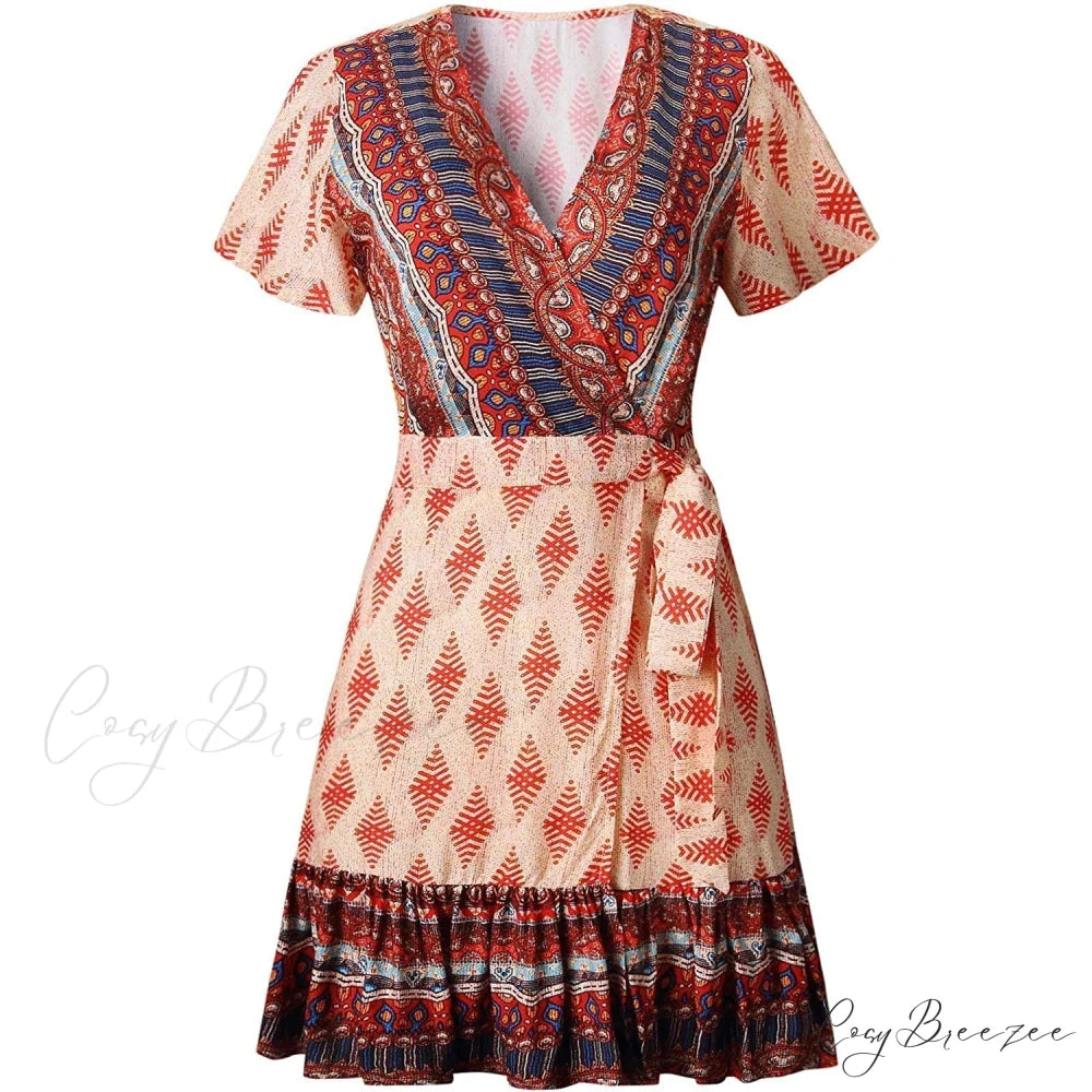 Summer Wrap V Neck Bohemian Floral Print Mini Dress for Women