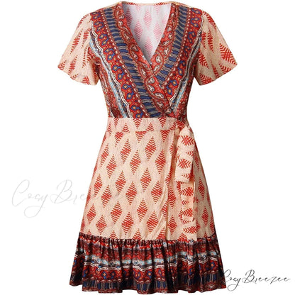 Summer Wrap V Neck Bohemian Floral Print Mini Dress for Women