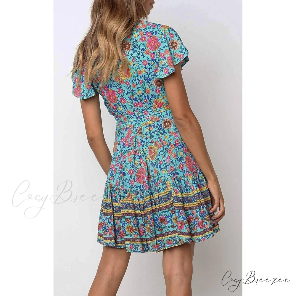 Summer Wrap V Neck Bohemian Floral Print Mini Dress for Women