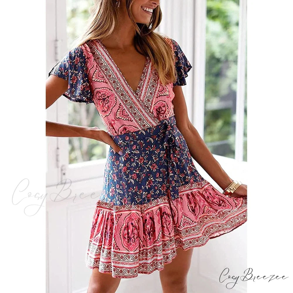 Summer Wrap V Neck Bohemian Floral Print Mini Dress for Women
