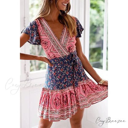 Summer Wrap V Neck Bohemian Floral Print Mini Dress for Women