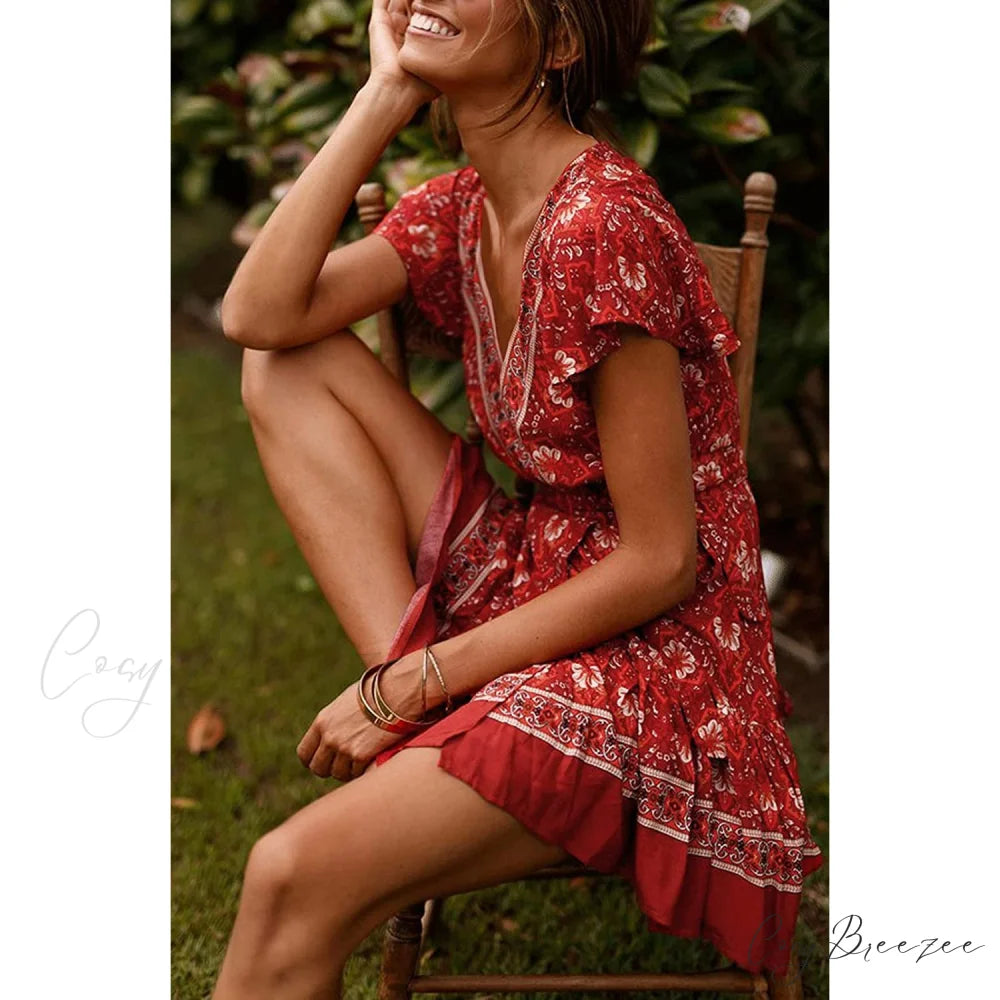 Summer Wrap V Neck Bohemian Floral Print Mini Dress for Women