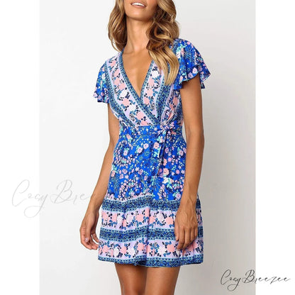 Summer Wrap V Neck Bohemian Floral Print Mini Dress for Women